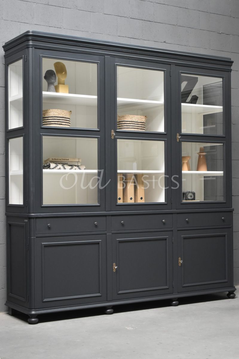 Vitrinekast Amiens, 3 deuren, RAL7021, zwart, grijs, materiaal hout